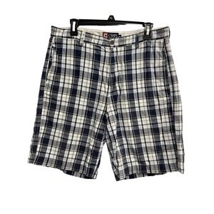 Chaps Shorts Mens 34 Bermuda Chino Blue Plaid Pockets Cotton 9" Inseam